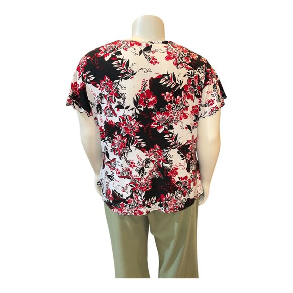 Cato Red Black White Floral Faux Wrap V-Neck Top Flutter Sleeves Woman Sz 22/24W - Picture 3 of 11